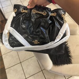 Coach Black Quilted Leather Shoulder Tote with Gold Chain Details